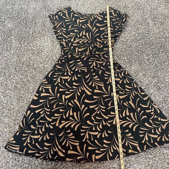 Midi Dress Size 12 Black Tan Faux Wrap V neck Stretch A Line Short Sleeve Y2K - Picture 13 of 14